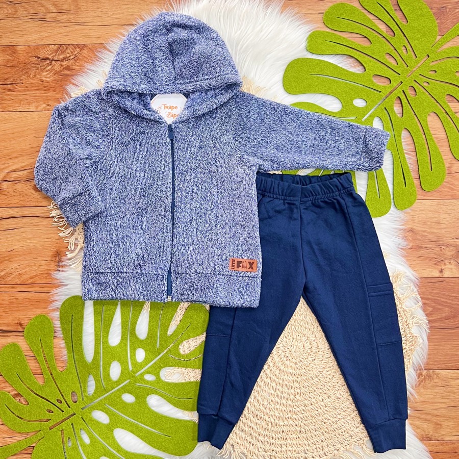 Conj. Jaqueta de Pelinho com Capuz e Calça de Moletom - Azul Marinho